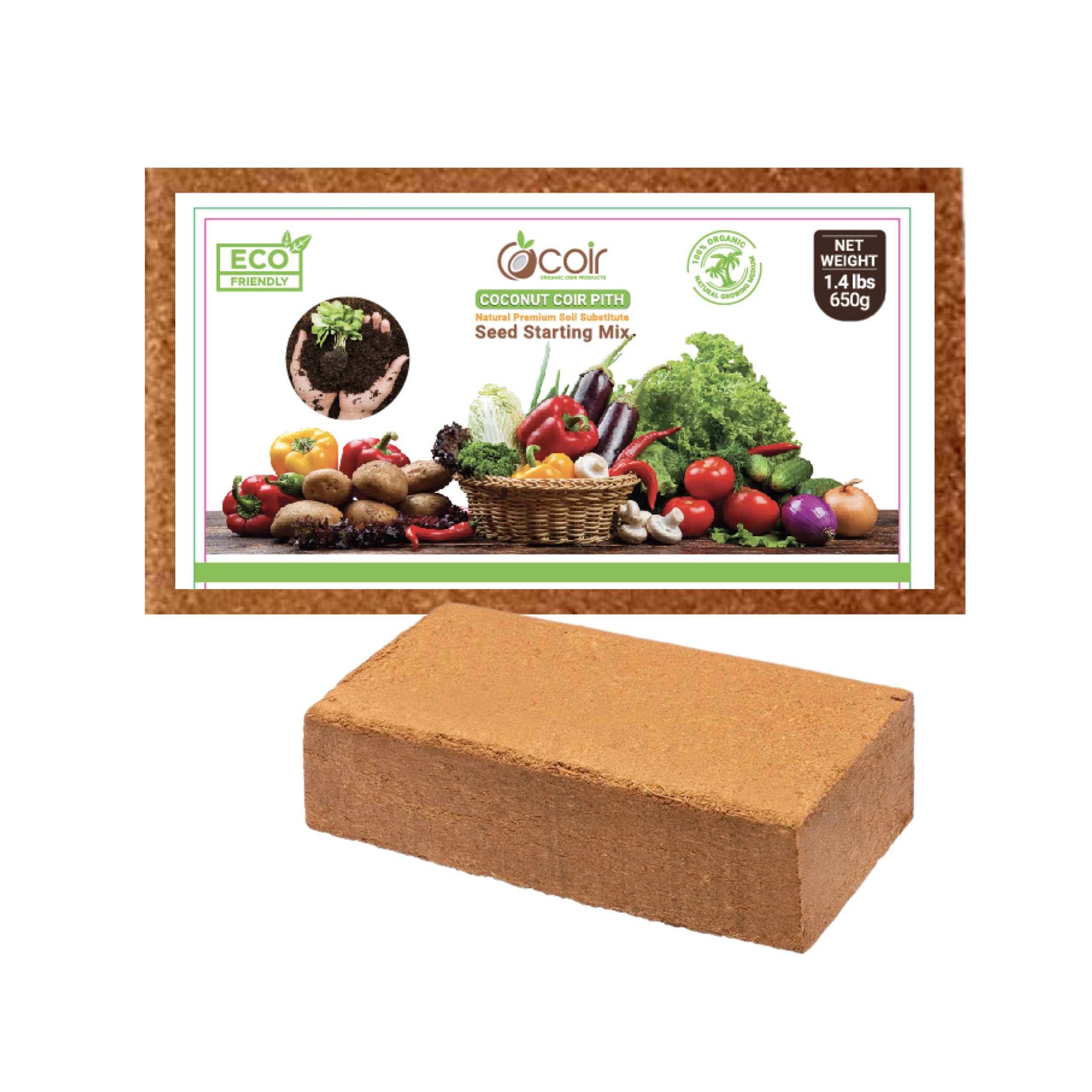 Premium Coco Coir Brick | 1.4lbs (650g) Coco Fiber Block | Compressed Growing Medium | Perfect As Hydroponics Garden Soil | 100% Organic, Eco-Friendly & Biodegradable